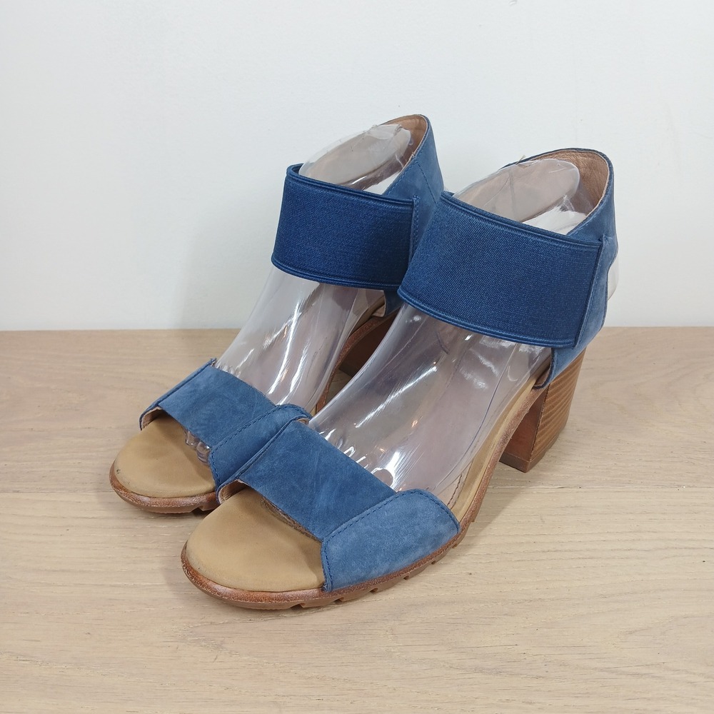 Sorel Nadia Sandals Women 9.5 Blue Suede Leather Block Heel Ankle Strap